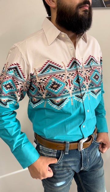 Panhandle Men's Buffalo Border Print Long Sleeve Pearl Snap Western Shirt