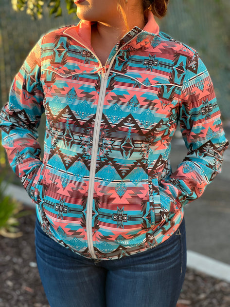 Women s Turquoise Pink Aztec Soft Shell Jacket Rock Roll Denim