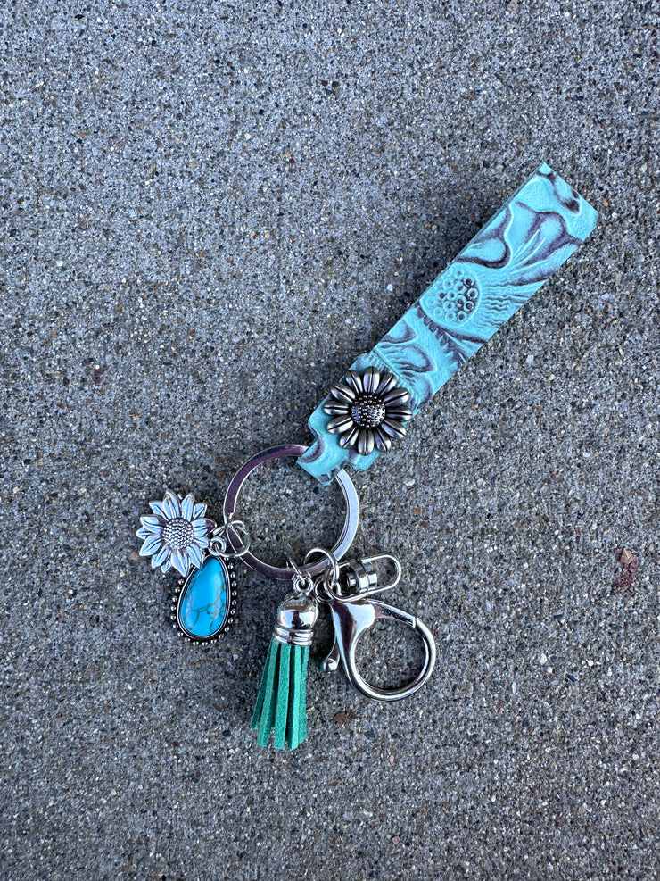 Tooled Turquoise Sunflower Keychain