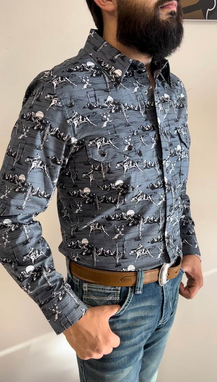 ROCK & ROLL DENIM MEN'S STEEL CONVERSATIONAL  PRINT LONG SLEEVE SNAP WESTERN SHIRT