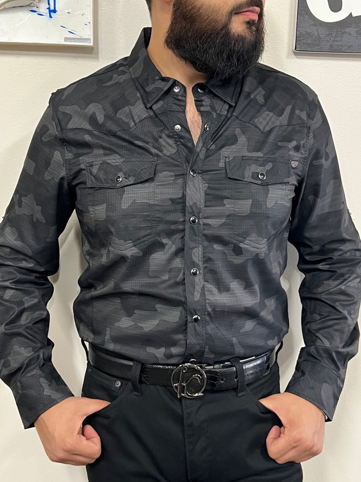 Camisa Manga Larga - Camo Militar Negro/Gris