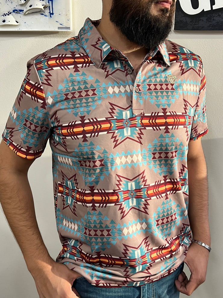 Aztec Print Polo - Rock & Roll MEN (Navy/Brown)