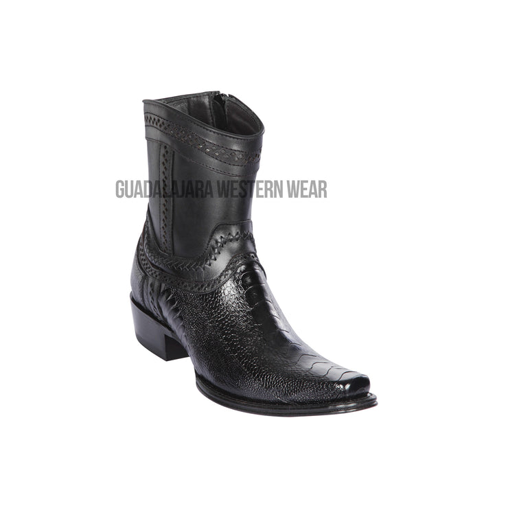 Los Altos Black Ostrich Leg European Square Toe Ankle Boot