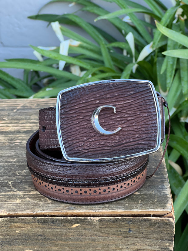 Hand-painted grey leather western belt for men - CV494RS - Cuadra Shop