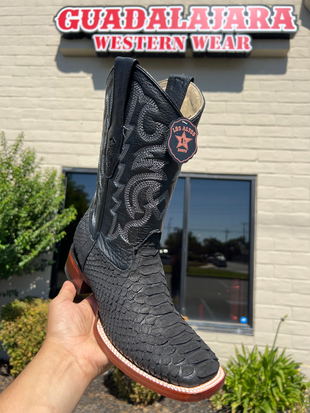 Los Altos Black Suede Finish Python Wide Square Toe Cowboy Boots Guadalajara Western Wear