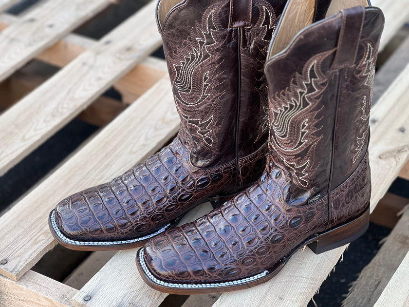 Reyme Dark Brown Caiman Print Leather Sole Wide Square Toe Cowboy Boot ...